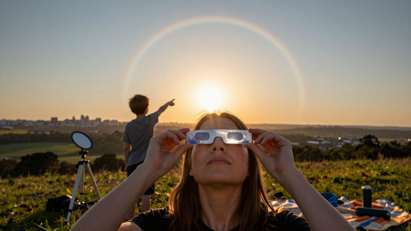 Mulher usa óculos especiais olhando para o sol, com halo ao redor; criança aponta ao fundo.