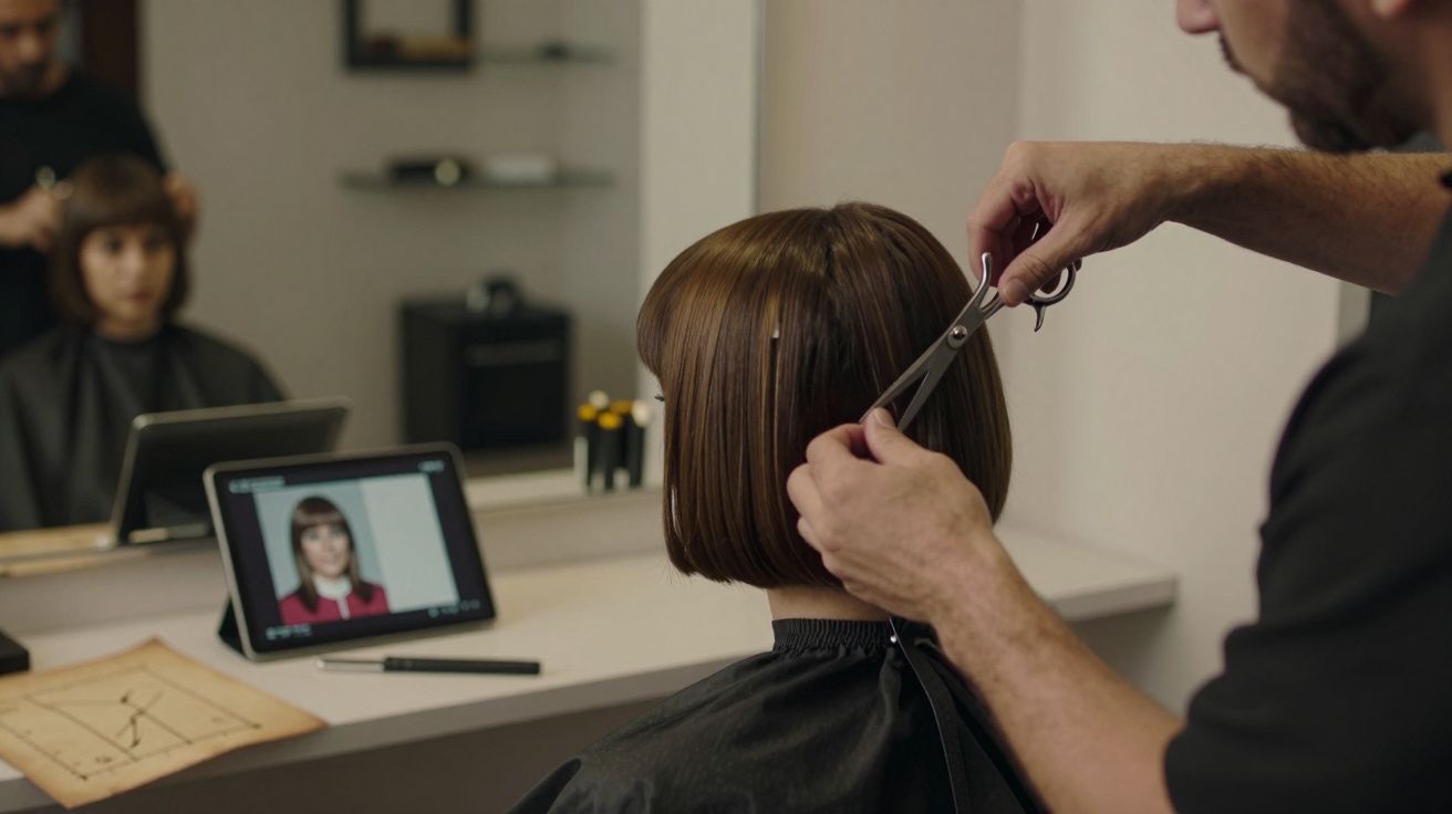 Cabeleireiro corta cabelo curto de uma mulher sentado em frente ao espelho, tablet com imagem de referência ao lado.