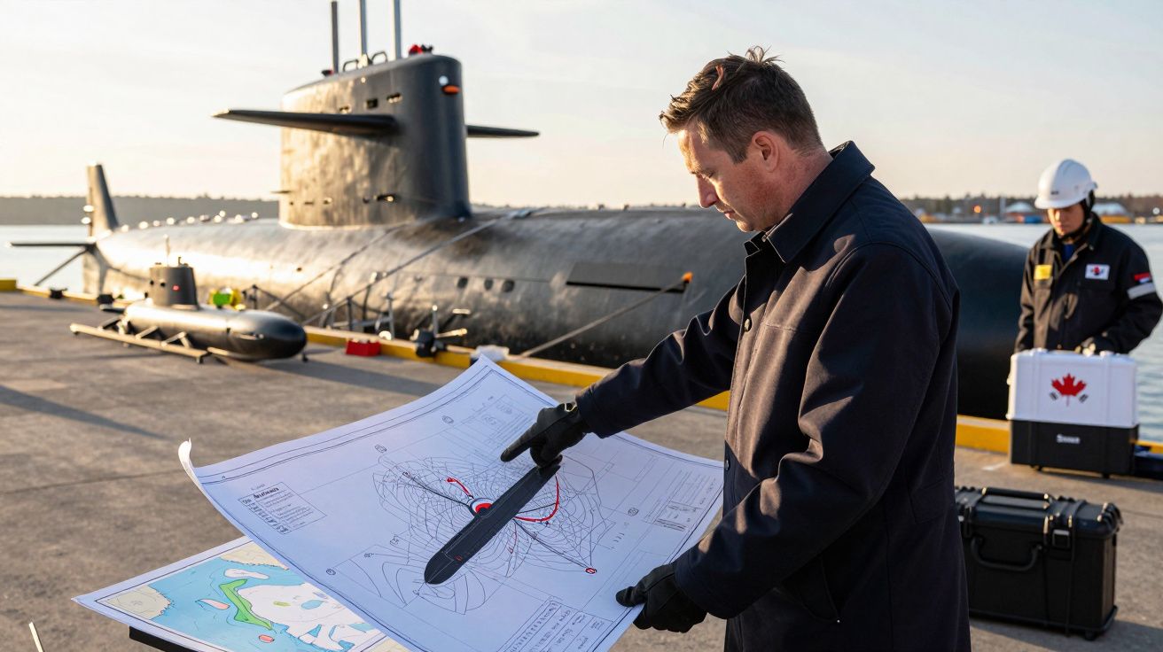 Homem analisa mapas no cais, perto de submarino, sob a luz do dia. Outro homem em traje de segurança ao fundo.