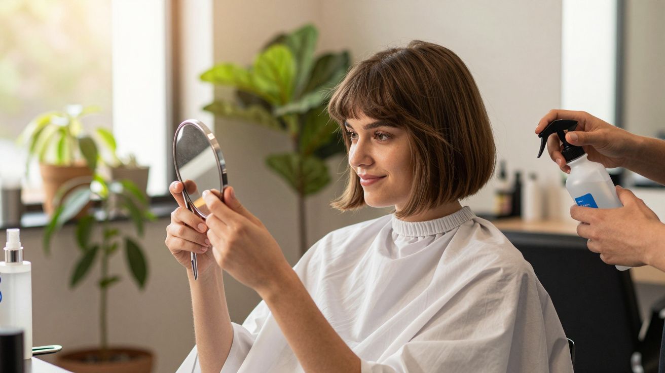 Mulher no cabeleireiro, olhando-se no espelho enquanto alguém aplica spray, com plantas ao fundo.