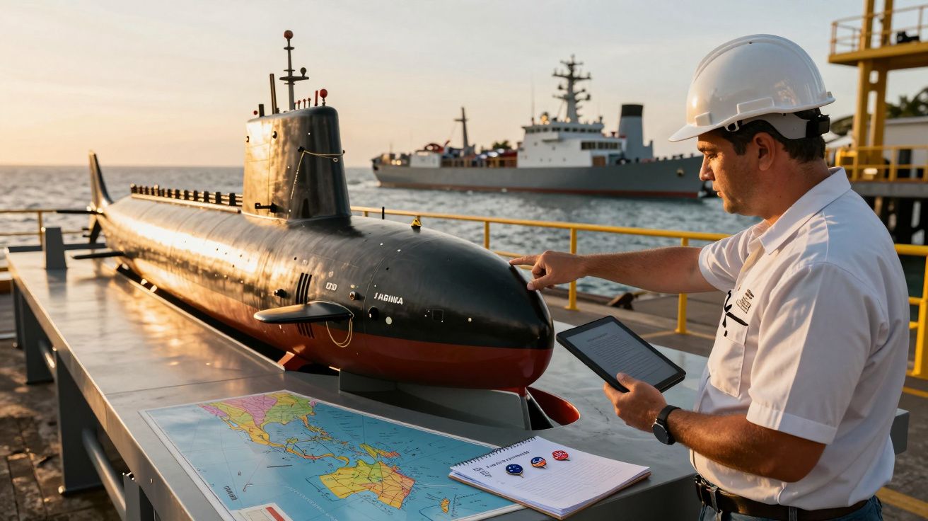 Homem com capacete consulta tablet ao lado de miniatura de submarino e mapa, com navio ao fundo no porto ao entardecer.