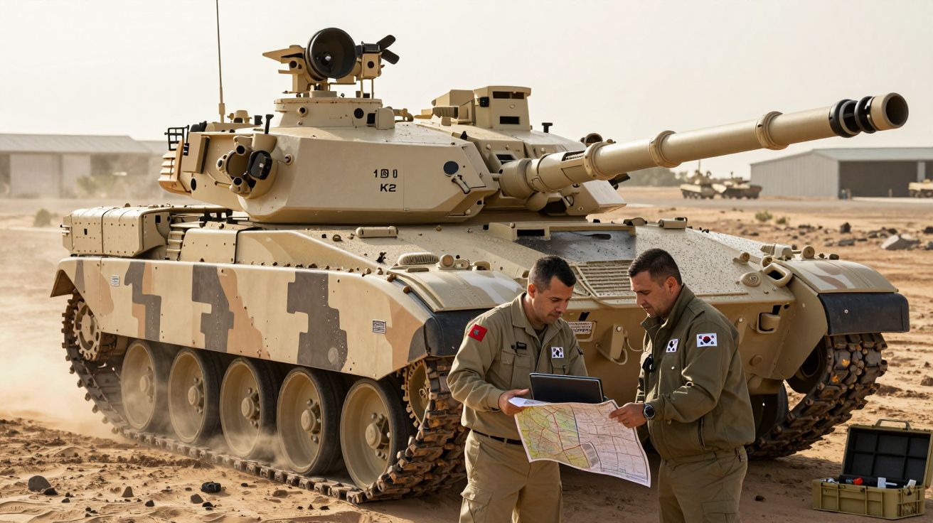 Dois soldados analisam um mapa ao lado de um tanque militar camuflado num terreno deserto.