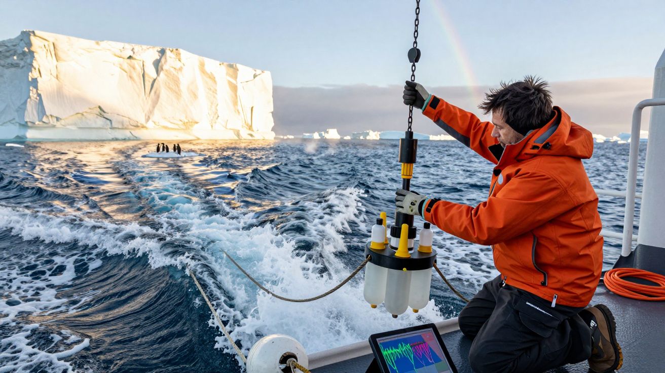 Homem num barco no Ártico, vestindo casaco laranja, manuseia equipamento enquanto iceberg está ao fundo.