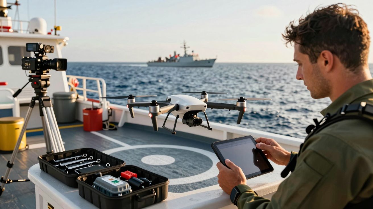 Homem operando um drone num barco com tablet; navio de guerra ao fundo, câmera e ferramentas no convés.