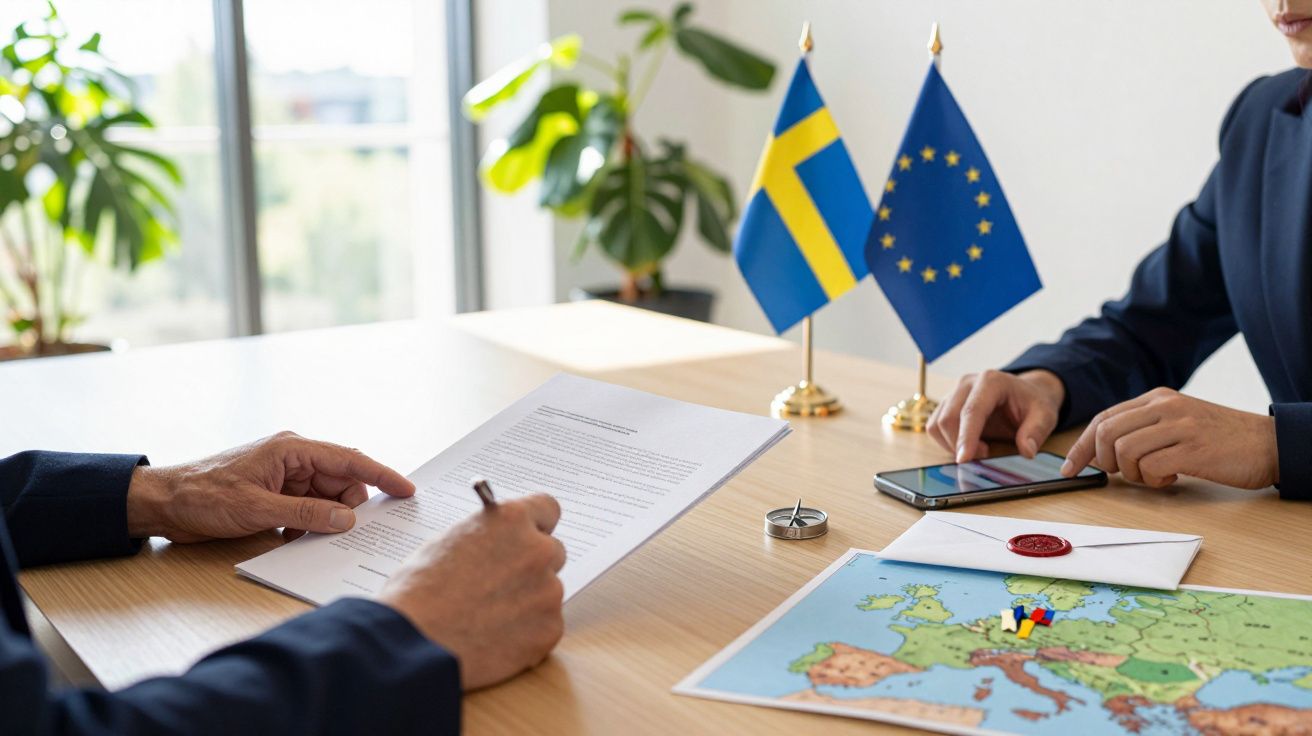 Duas pessoas analisam documentos numa mesa com bandeiras da Suécia e União Europeia e um mapa da Europa.