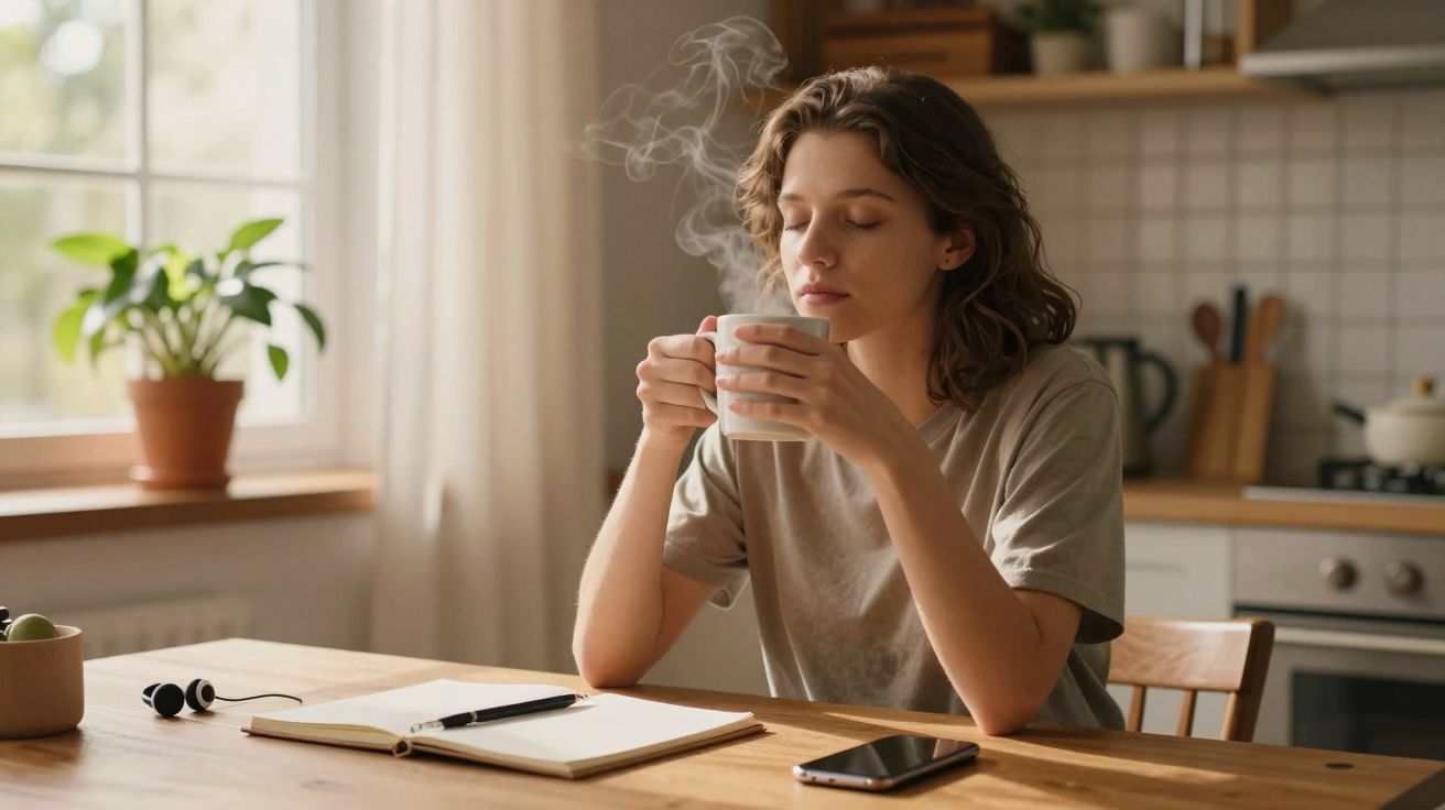 Mulher sentada à mesa da cozinha, segurando uma chávena de café fumegante, com caderno e telemóvel ao lado.