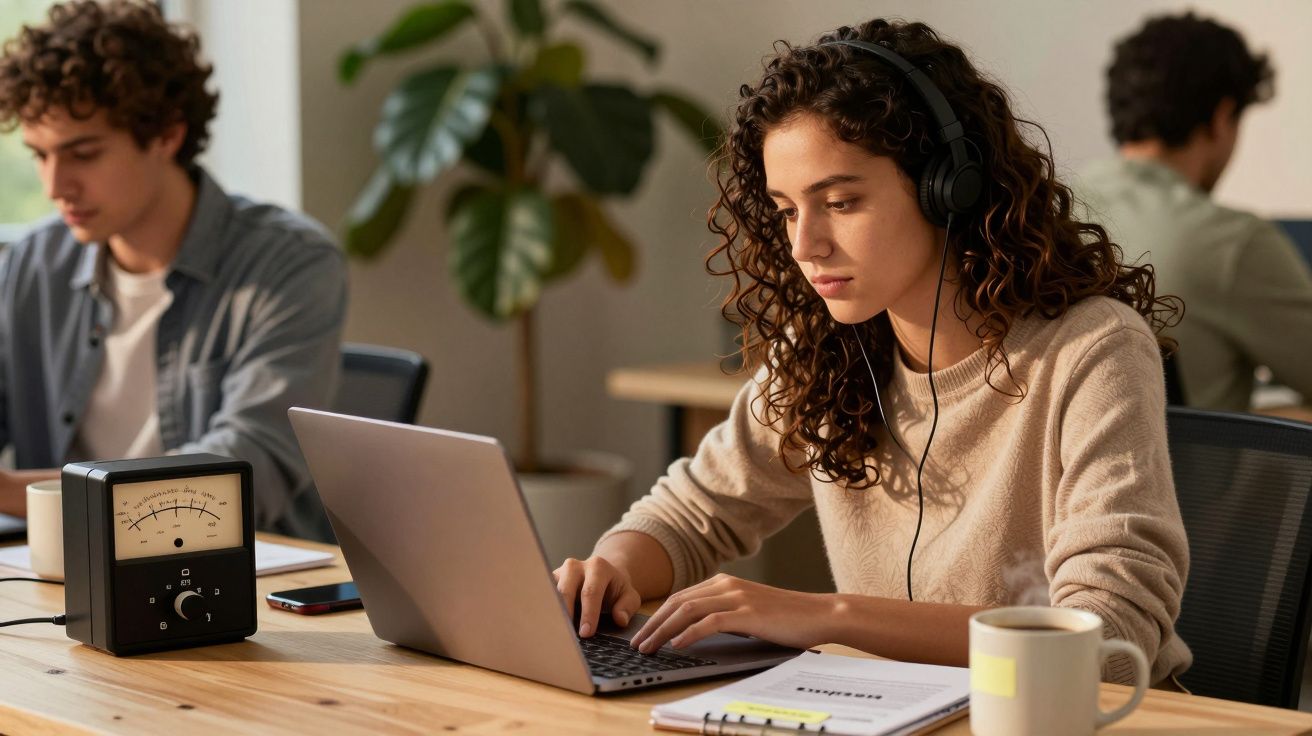 Mulher jovem sentada à secretária, a trabalhar num portátil com auscultadores, caderno e caneca ao lado.