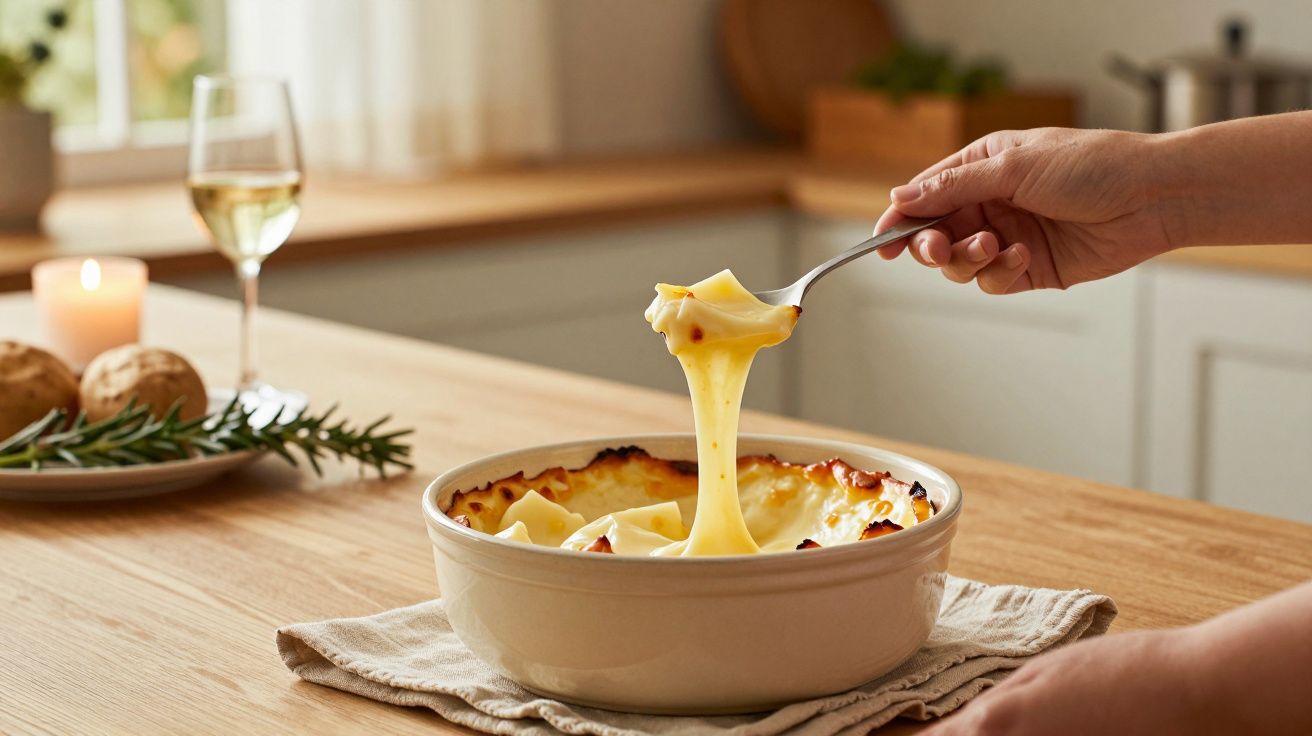 Pessoa servindo lasanha cremosa numa mesa com vinho e pães ao fundo.