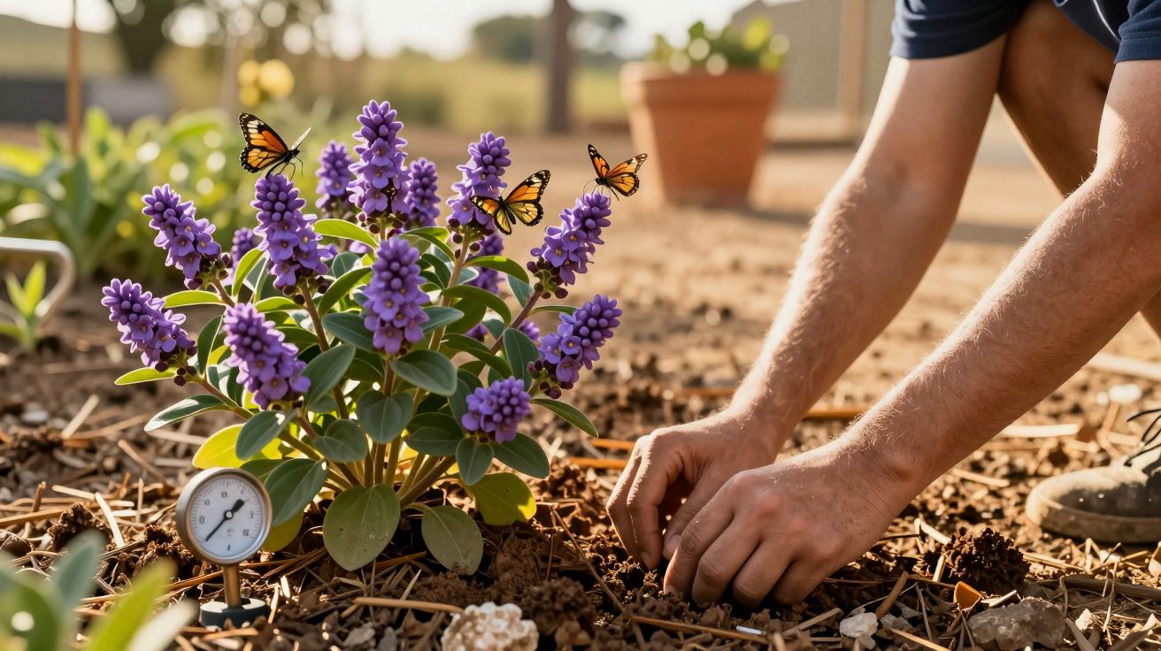 Mãos a plantar no jardim junto a flores roxas com borboletas, medidor de temperatura do solo ao lado.