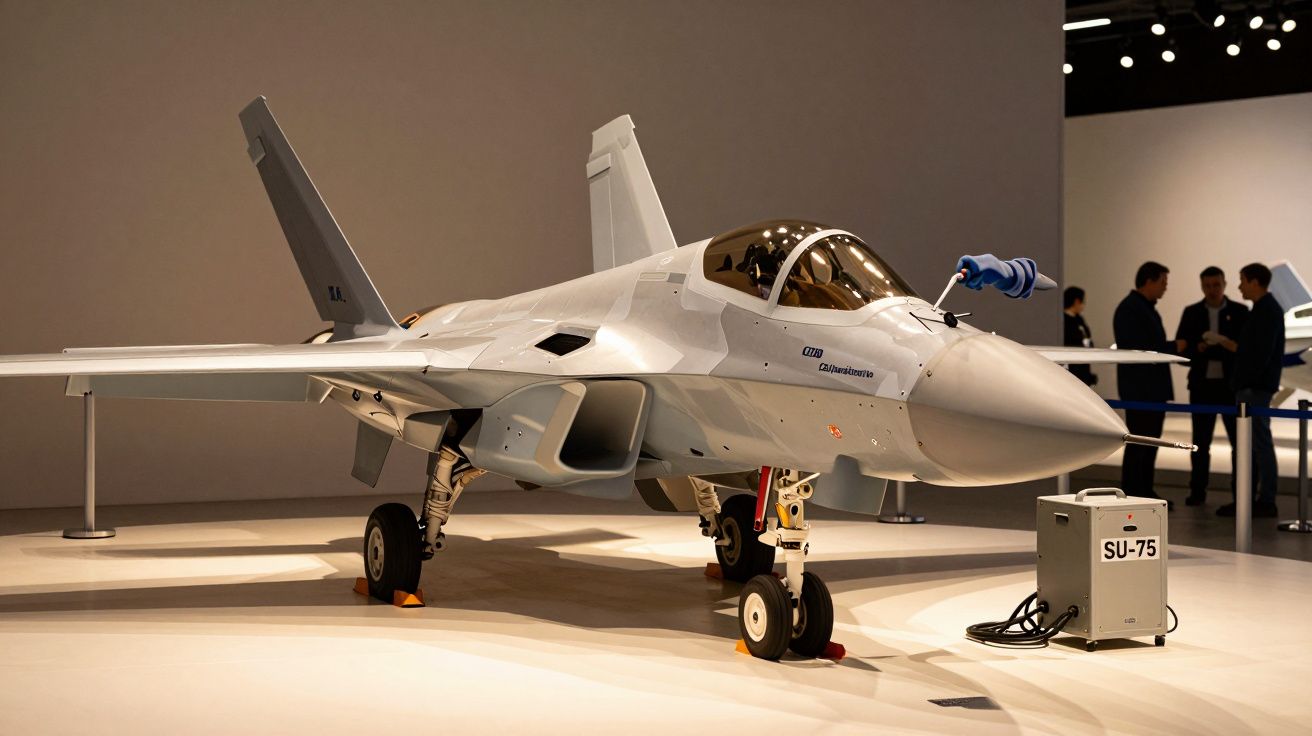 Avião de caça SU-75 em exposição num espaço fechado, com pessoas ao fundo e iluminação brilhante.