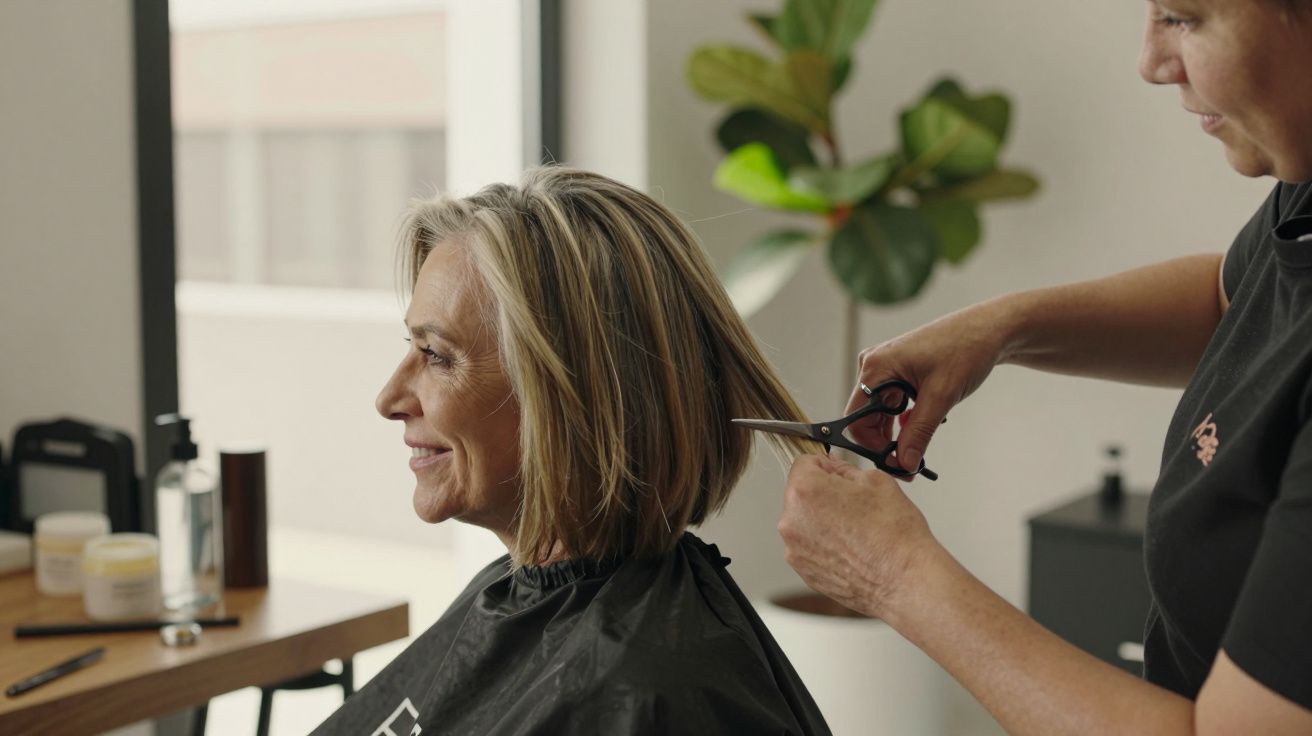 Mulher idosa a sorrir enquanto cabeleireira corta o seu cabelo curto num salão moderno e bem iluminado.
