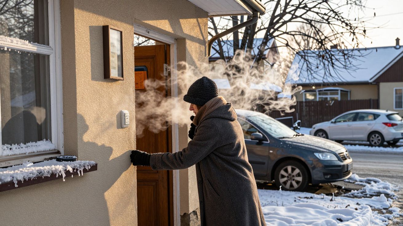 Pessoa agasalhada toca à porta de uma casa em dia frio, com vapor visível na respiração e carro estacionado ao lado.