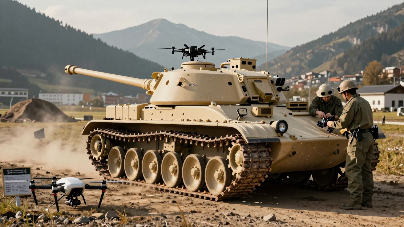 Tanque em solo de terra com duas pessoas de uniforme ajustando detalhes, drone no chão e montanhas ao fundo.