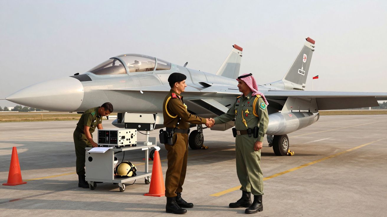 Dois militares apertam as mãos em frente a um avião de combate estacionado numa pista com cones de sinalização.