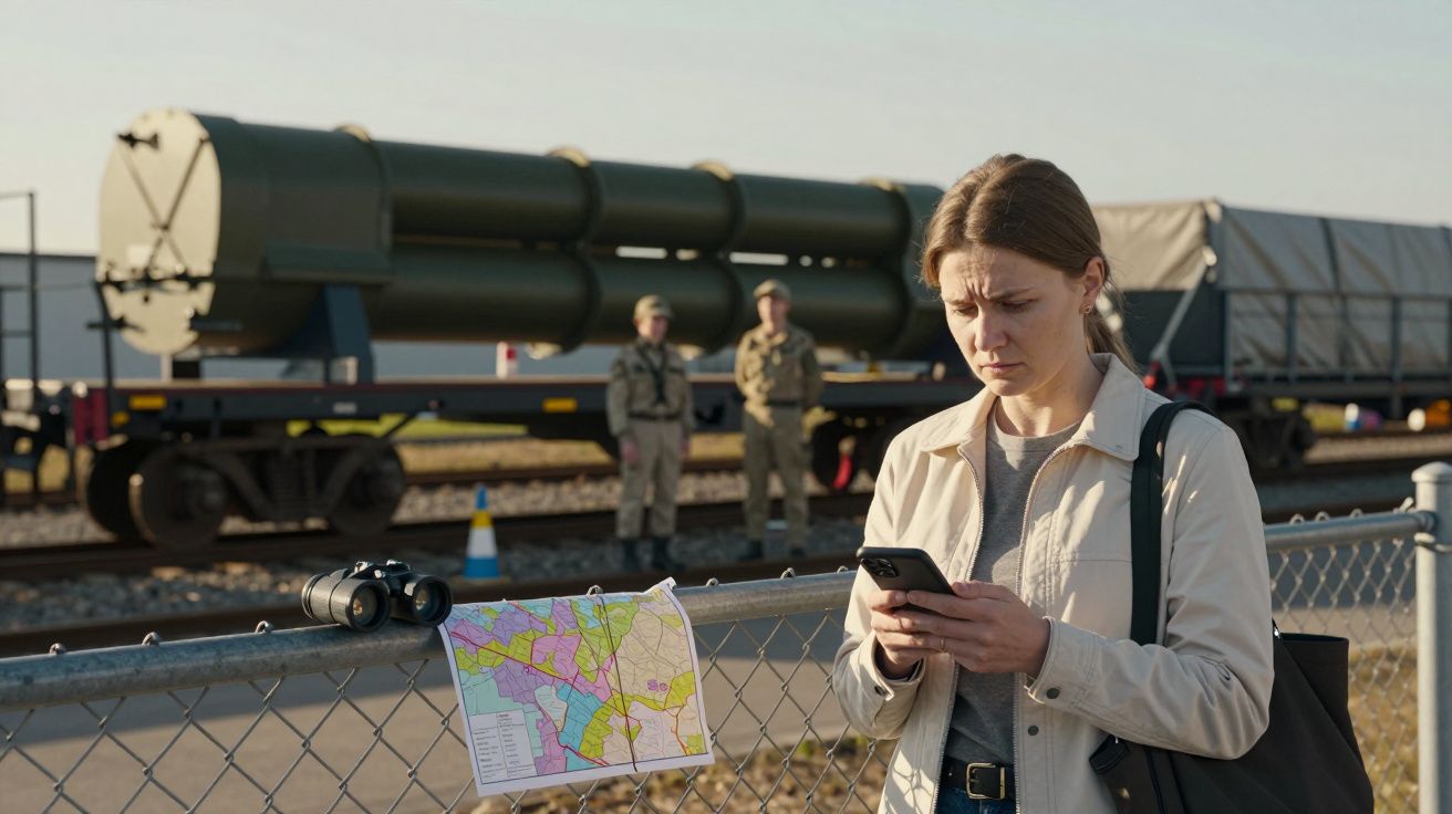 Mulher usando smartphone em frente a uma cerca, com binóculos e mapa, ao fundo soldados e vagão com carga militar.