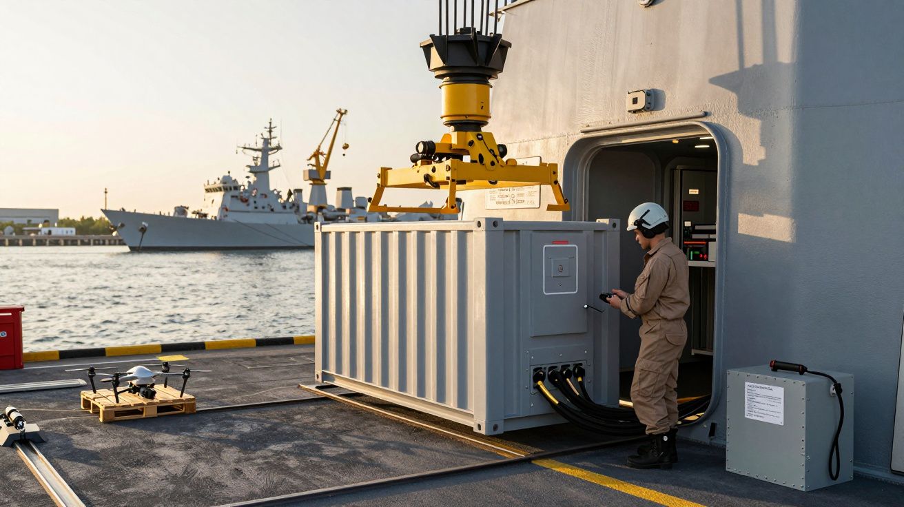 Pessoa numa plataforma naval com contentor de carga e drone próximo; navio de guerra ao fundo no porto.