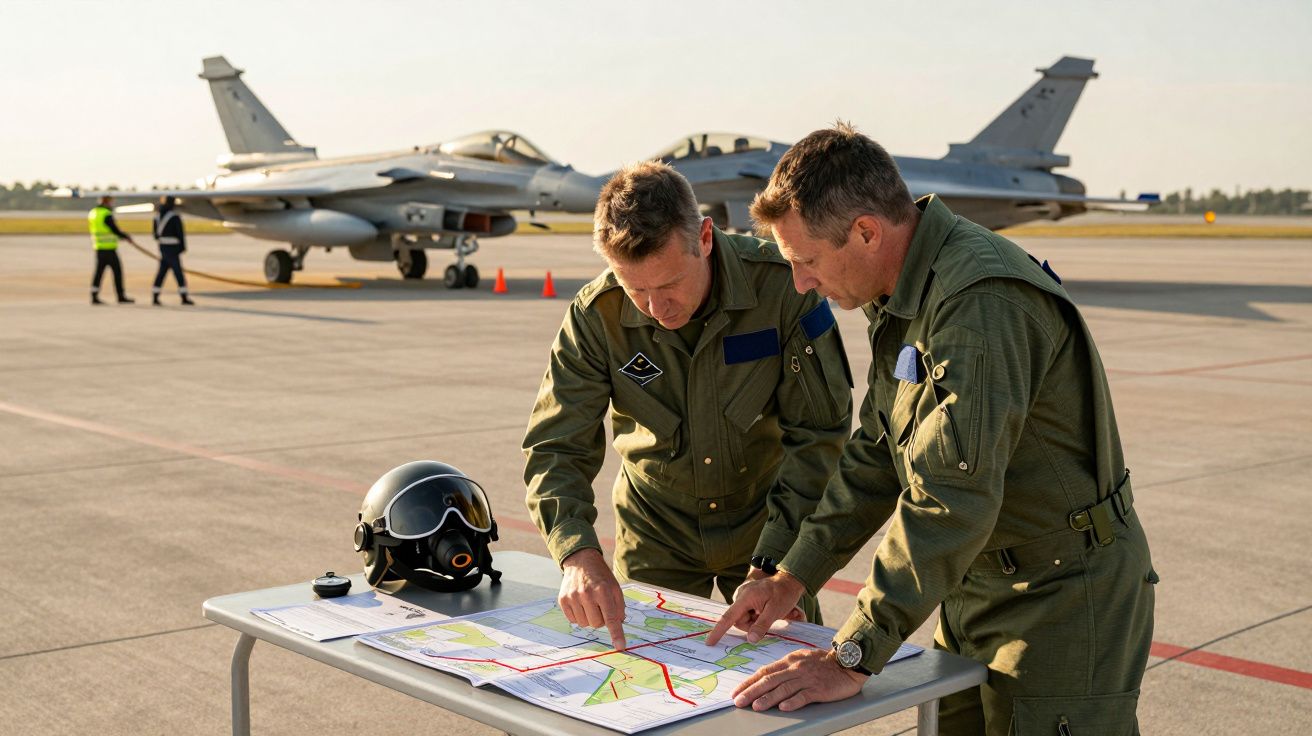 Dois pilotos analisam um mapa numa mesa ao lado de dois caças num aeródromo, com capacete sobre a mesa.