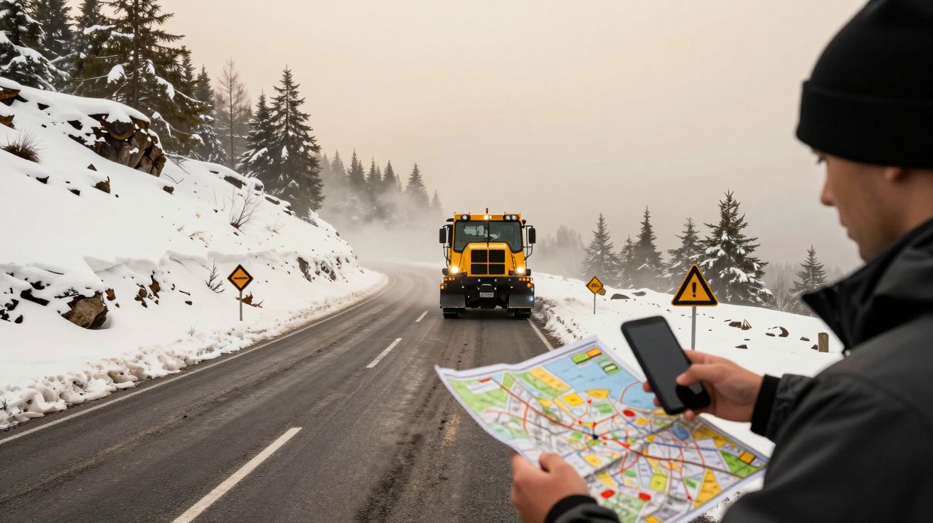 Homem com mapa e telemóvel numa estrada nevada, enquanto um limpa-neves aproxima-se ao longe.