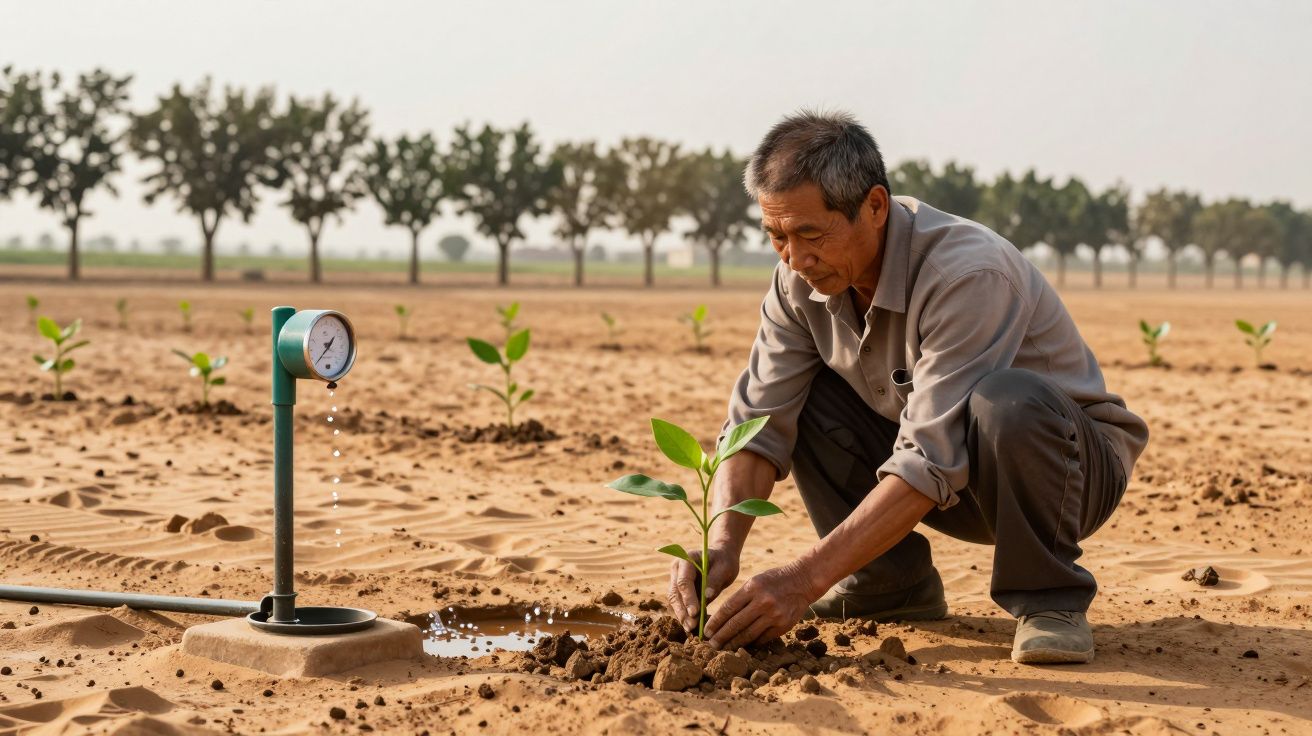 Homem planta muda em campo seco com sistema de rega gota-a-gota ao lado; árvores ao fundo.