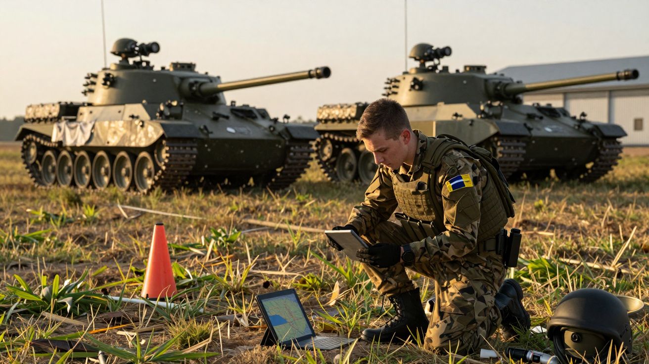 Soldado ajoelhado usa tablet e laptop num campo, com dois tanques ao fundo, ao lado de um capacete e cone de sinalização.