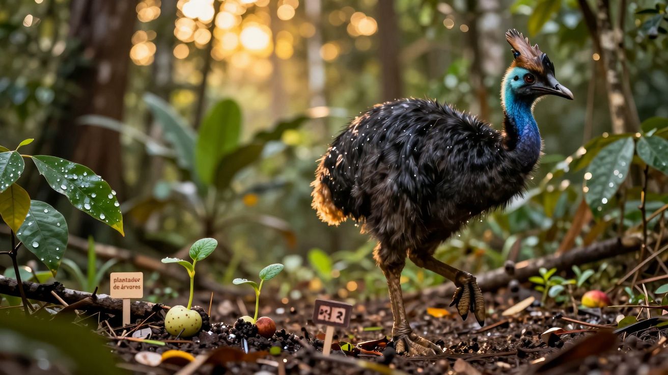 Casuário em floresta com sinais de plantação e mudas no solo, cercado por vegetação e luz solar filtrando.