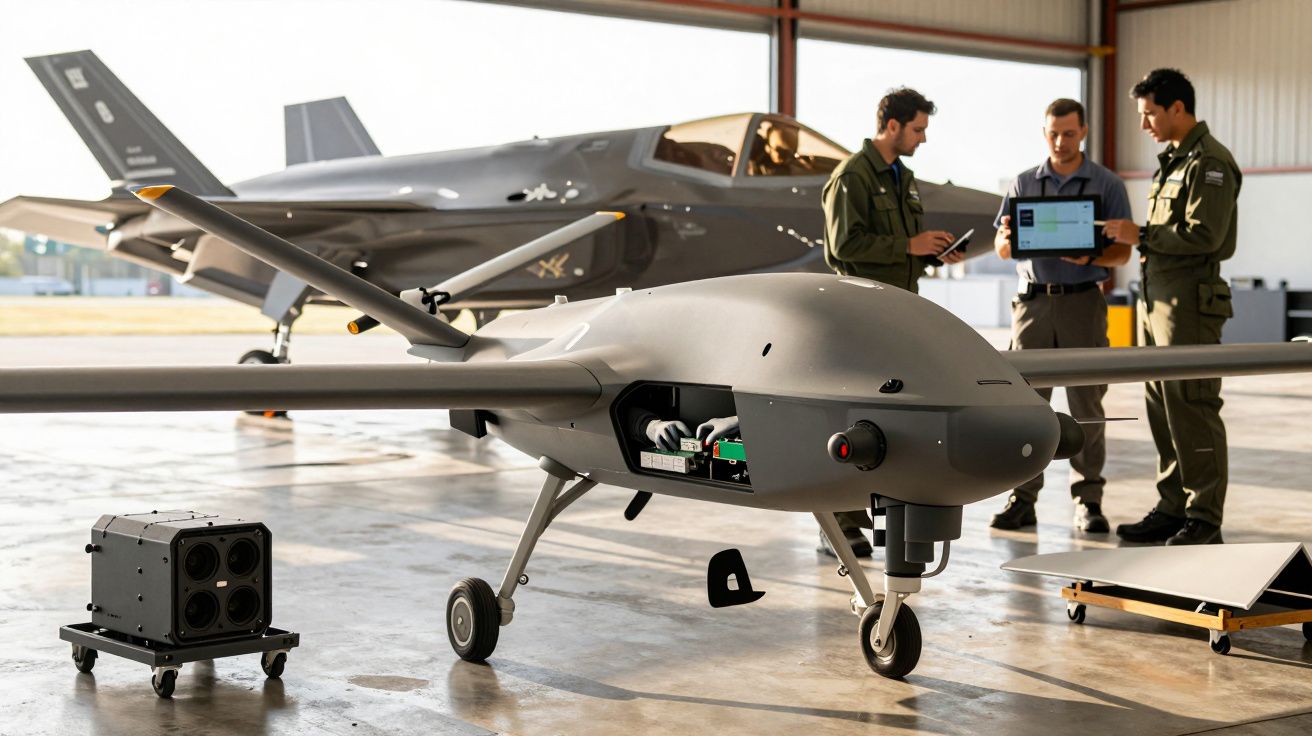 Drone cinzento em hangar com F-35 ao fundo; três pessoas analisam informações num tablet.