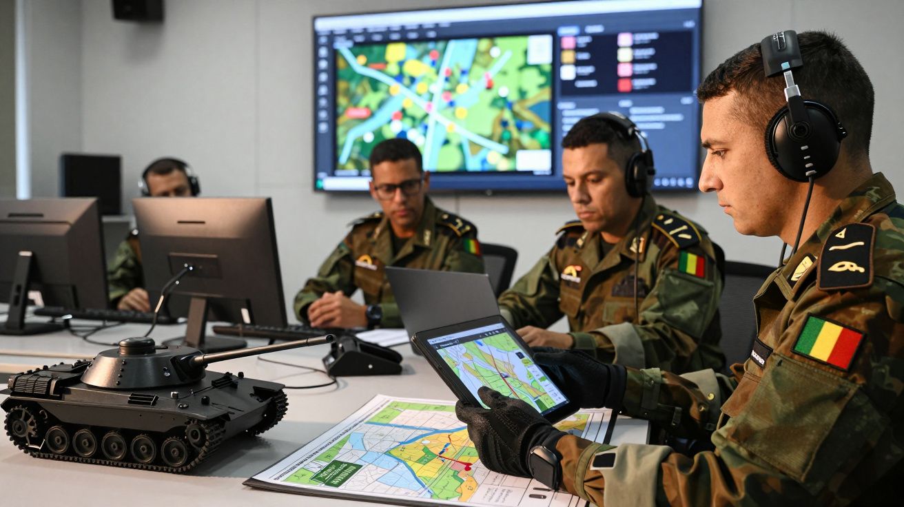 Militares em uniforme revendo mapas e dados num escritório com ecrãs de computador e equipamento de comunicação.