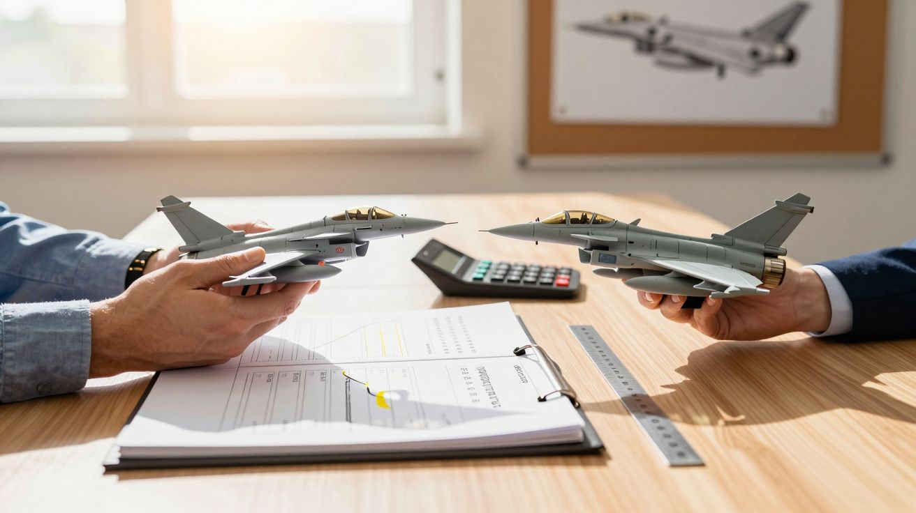 Duas pessoas seguram modelos de aviões de combate numa mesa com documentos, uma régua e uma calculadora.