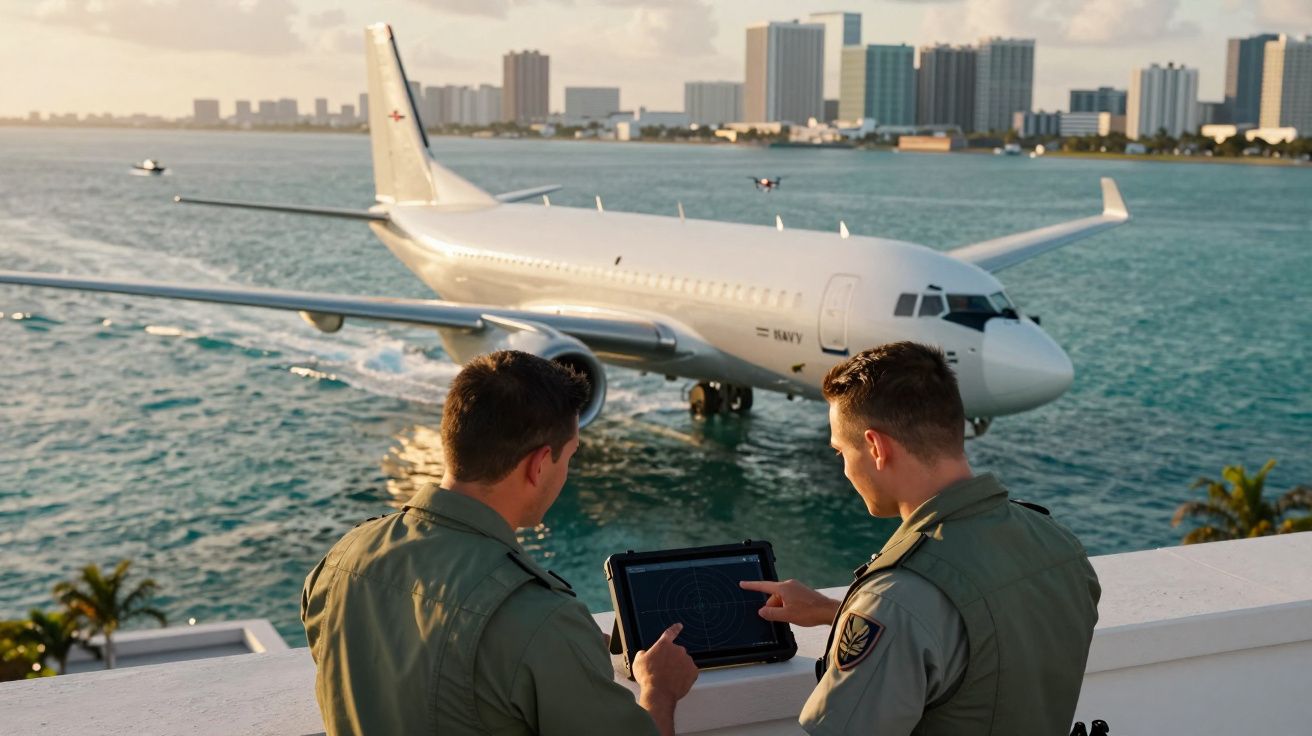 Dois militares observam avião perto de um rio, com cidade ao fundo, usando tablet para monitorização.