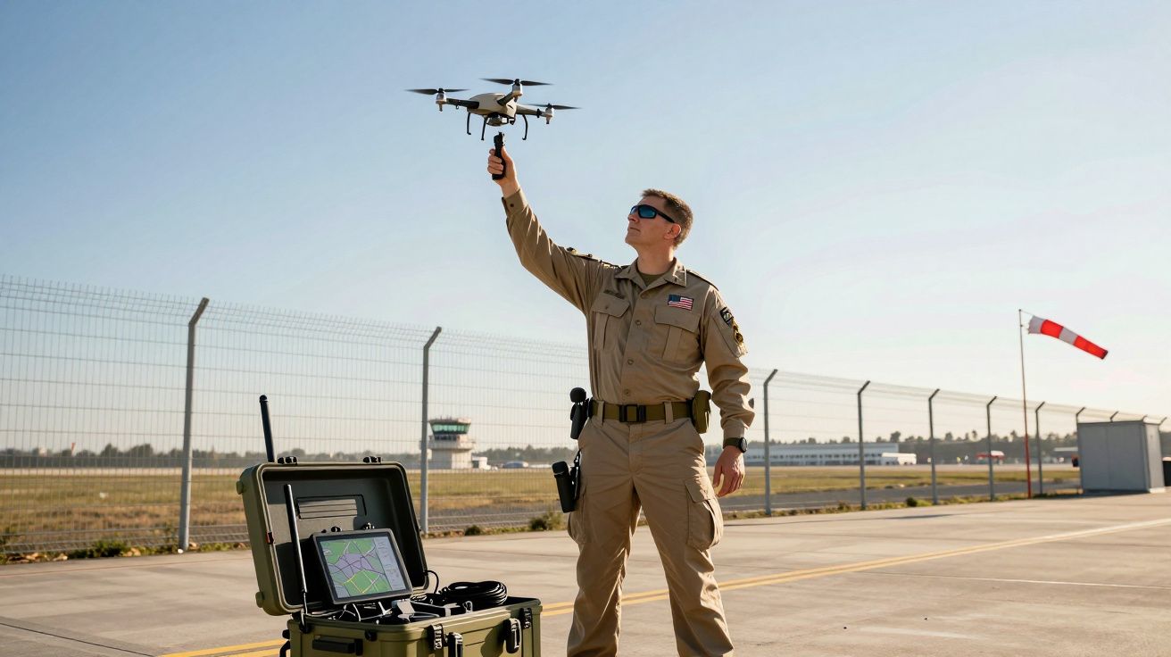 Homem em uniforme militar operando um drone perto de uma pista de avião, com uma mala de controle ao lado.