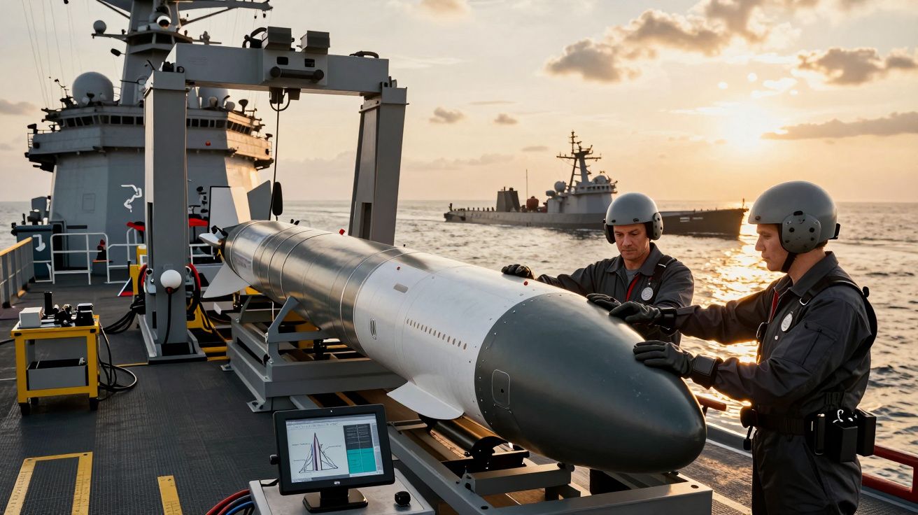 Dois militares ajustam projétil em navio durante o pôr do sol; outra embarcação visível ao fundo no mar.