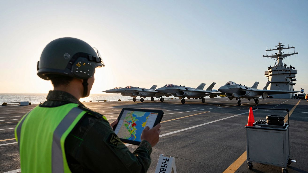 Militar com tablet observa caças F-35 alinhados num porta-aviões ao pôr do sol.