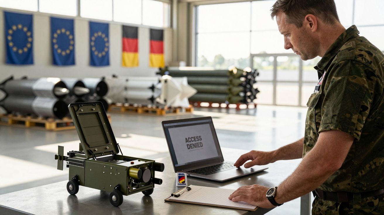 Homem militar trabalha num portátil com mensagem "ACCESS DENIED" numa oficina com bandeiras e equipamento militar.