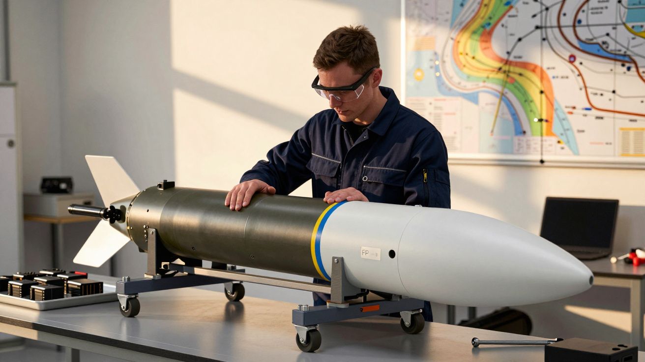"Técnico examina míssil em mesa de trabalho, usando óculos de proteção, com mapa na parede ao fundo."