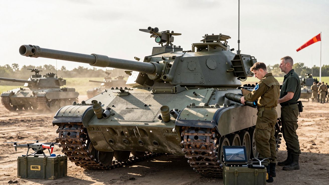 Tanque militar com soldados em treinamento numa área de campo, ao lado de caixas de equipamentos, sob céu claro.