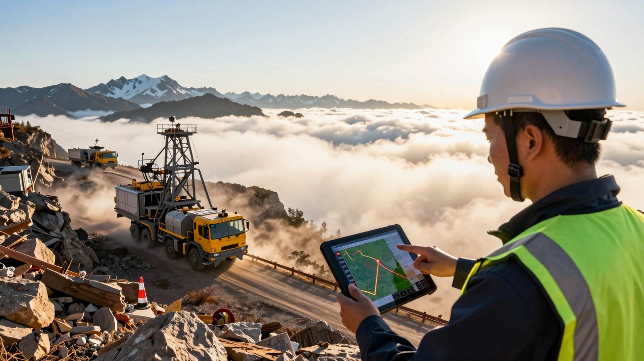 Trabalhador numa pedreira usa tablet para mapear rota, com camiões e montanhas ao fundo num cenário montanhoso.