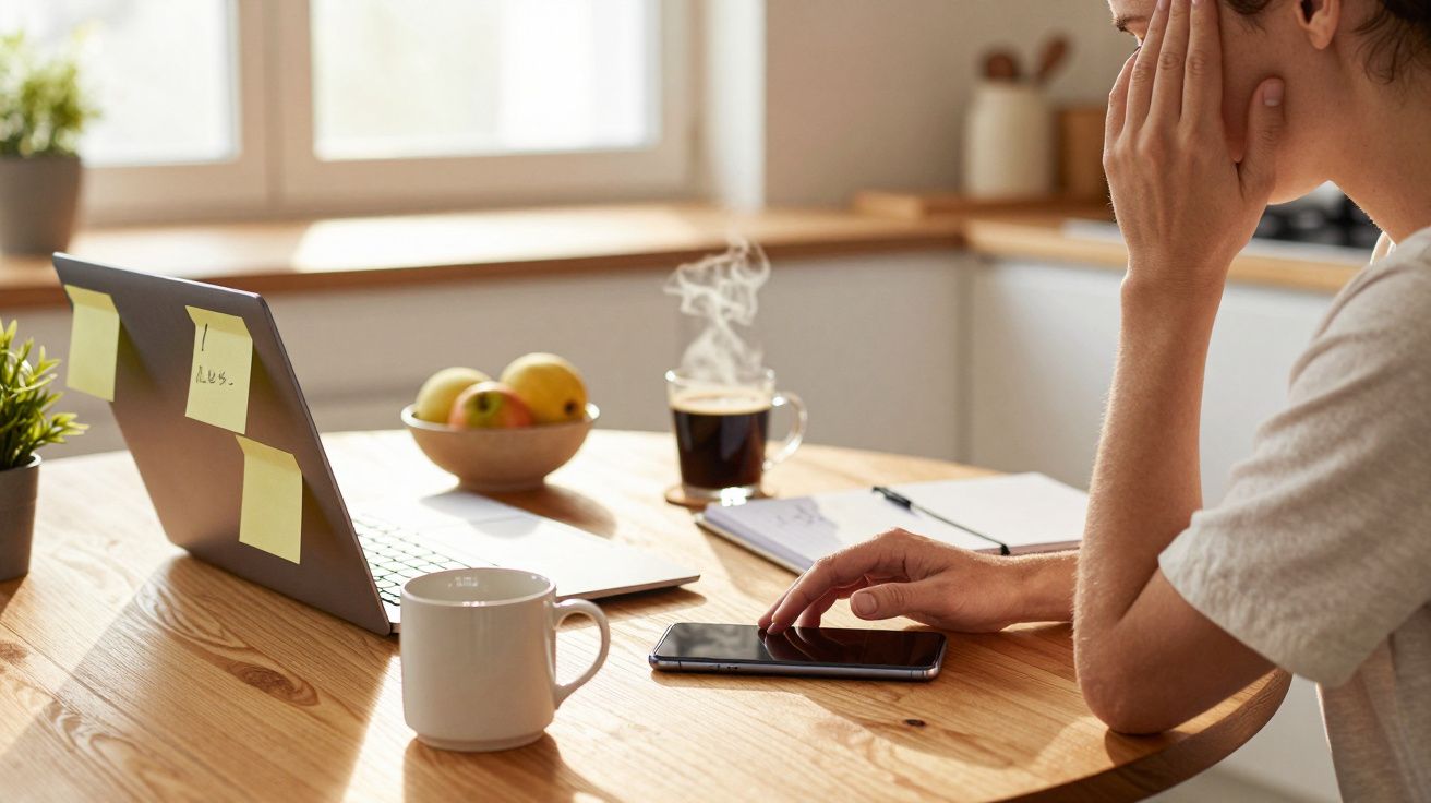 Homem estressado segura a cabeça, sentado à mesa com portátil e smartphone, numa cozinha iluminada pelo sol.