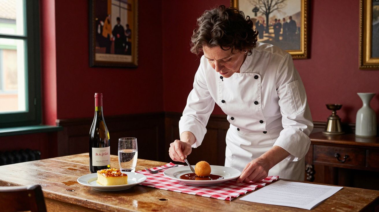 Chef prepara prato elegante numa mesa, com garrafa de vinho e sobremesa ao lado, em ambiente acolhedor e clássico.