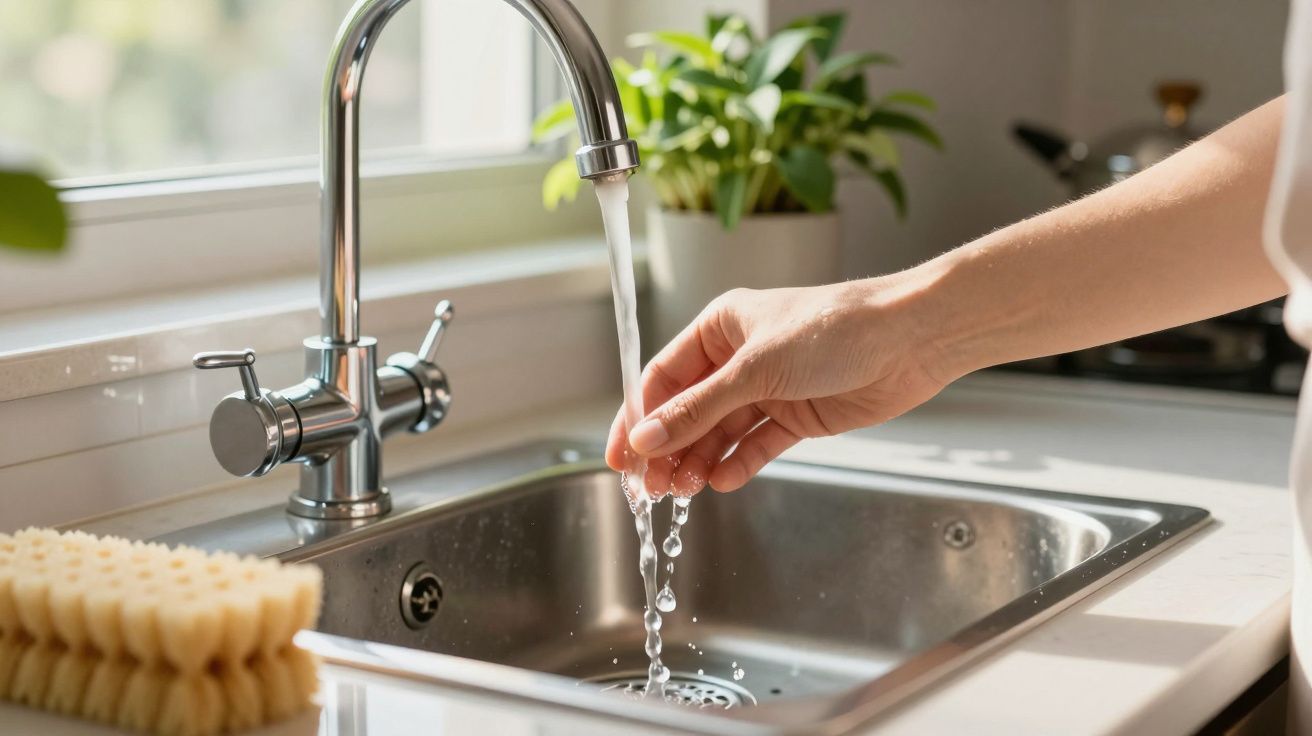 Mão tocando água corrente de uma torneira na cozinha, com plantas ao fundo e esfregão ao lado do lava-loiça.