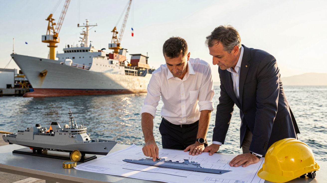 Dois homens analisam plantas de navio em mesa com maquete, navio real ao fundo e capacete amarelo à direita.
