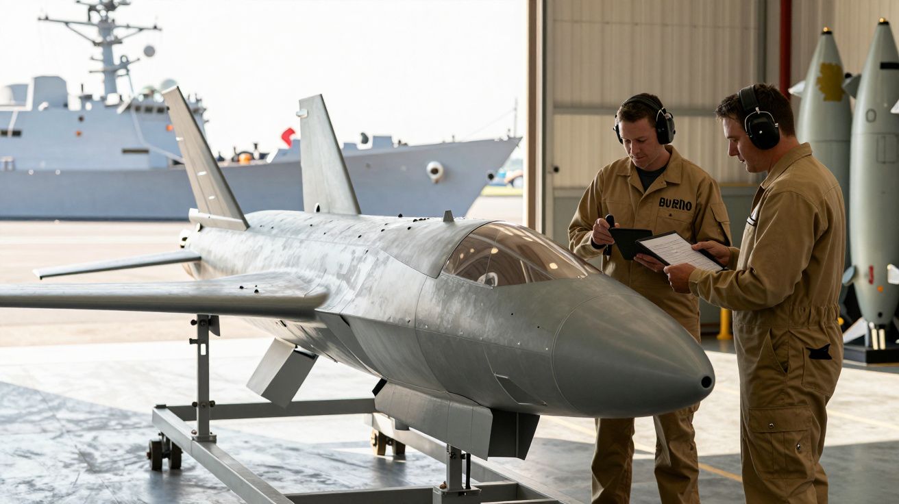 Homens com fones de ouvido inspecionam drone militar em hangar, com navio de guerra ao fundo.