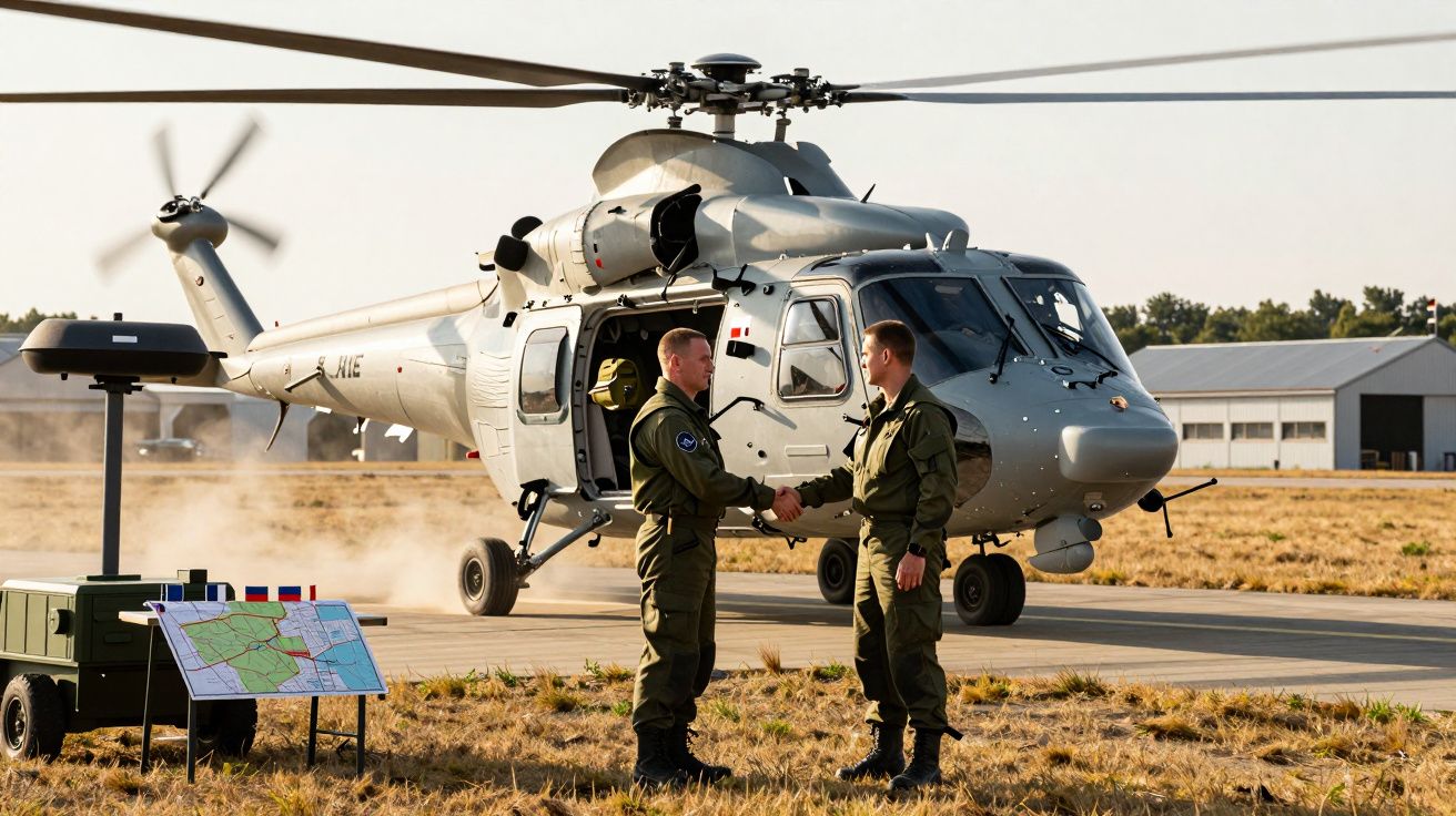 Dois militares apertam as mãos em frente a um helicóptero cinza pousado num aeródromo ao ar livre.