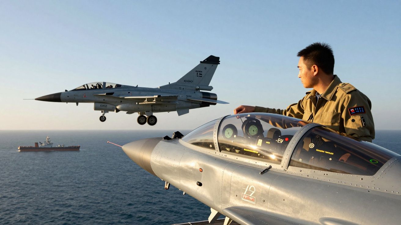 Piloto num cockpit observa um avião de combate sobre o mar, com um navio petroleiro à distância ao pôr do sol.