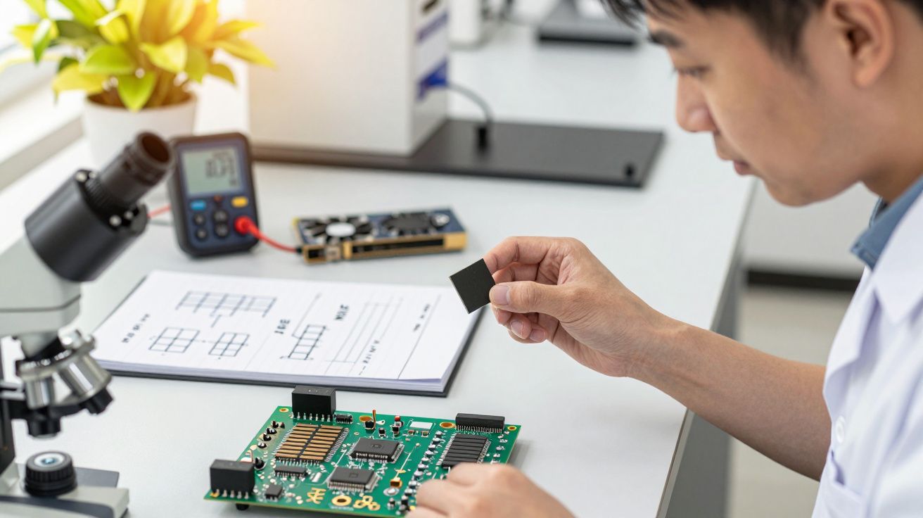 Homem inspecionando um chip de computador numa bancada de laboratório com equipamentos eletrónicos ao fundo.