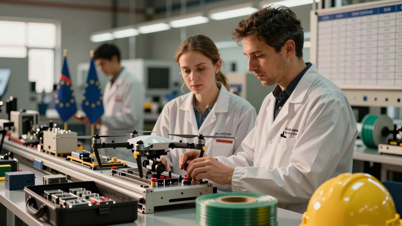 Engenheiros trabalham em laboratório com drone sobre mesa de montagem. Equipamentos de análise e capacete visíveis.