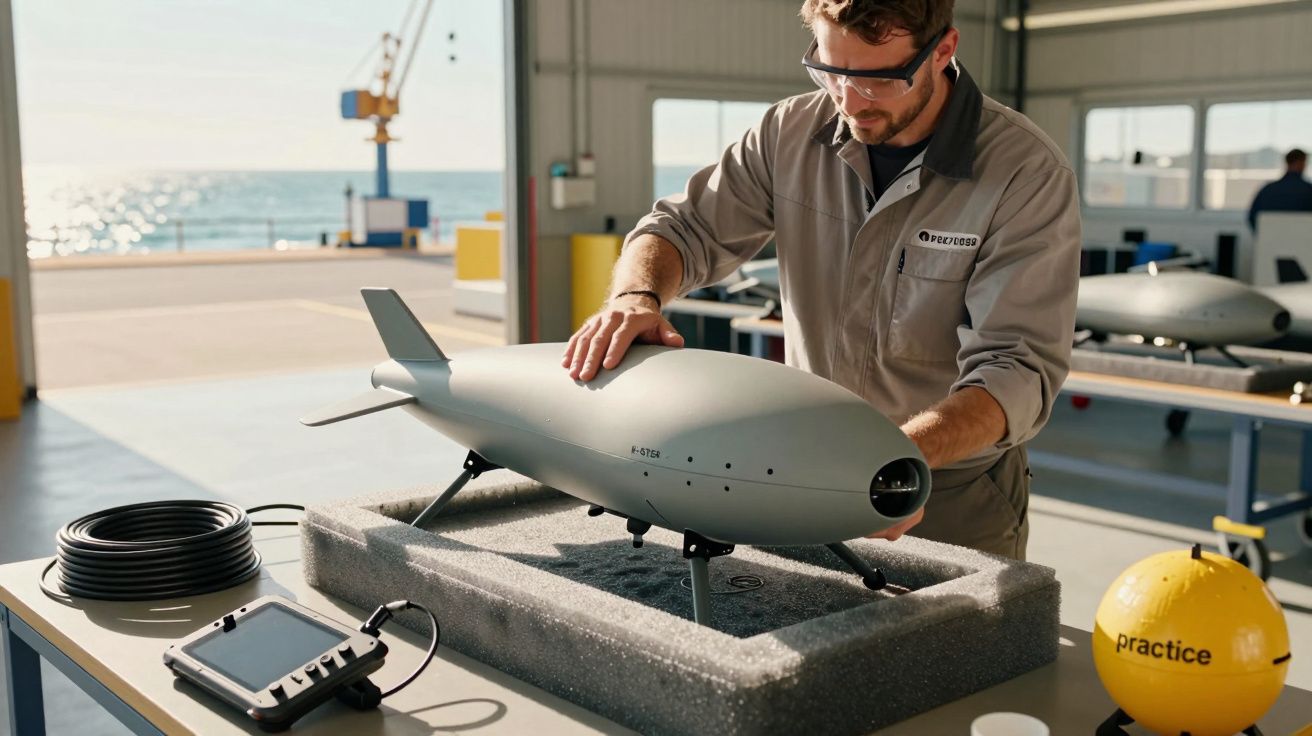 Homem ajusta drone em mesa de trabalho num armazém com vista para o mar.