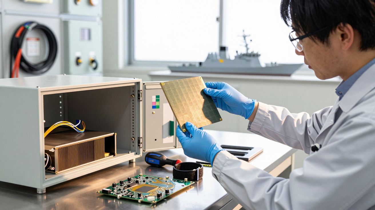 Cientista analisando placa de circuito numa bancada de laboratório, com equipamento eletrônico e ferramentas ao redor.