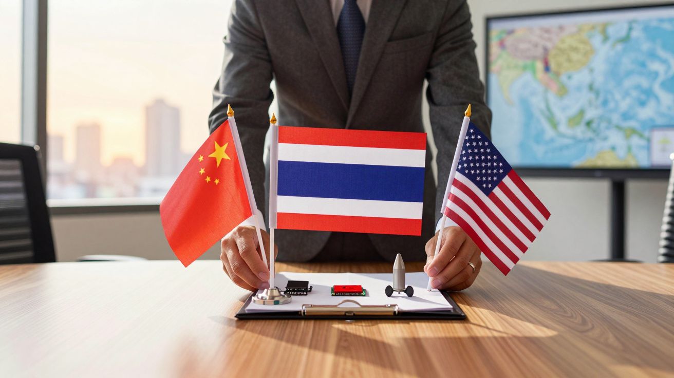 Homem em fato ajeita bandeiras de China, Tailândia e EUA numa mesa, com mapa ao fundo.