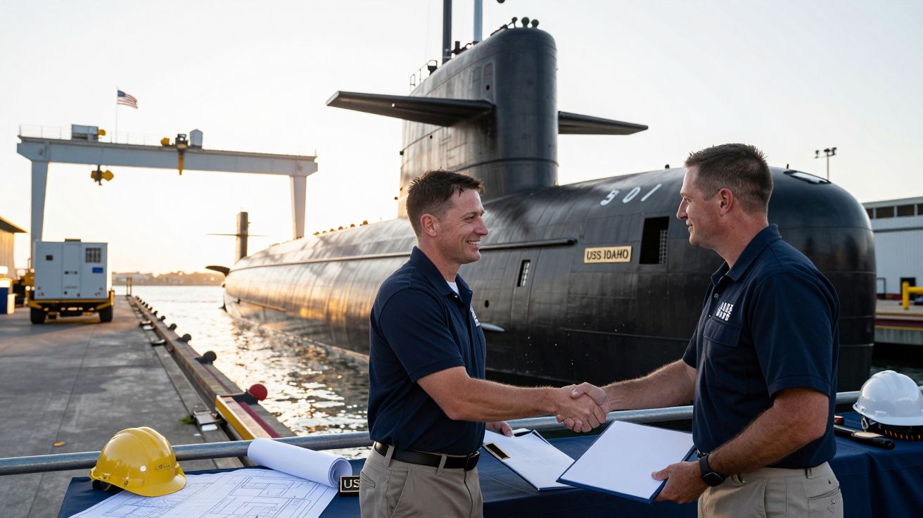 Dois homens apertam as mãos em frente a um submarino atracado no porto, ao pôr do sol. Capacete de segurança sobre a mesa.