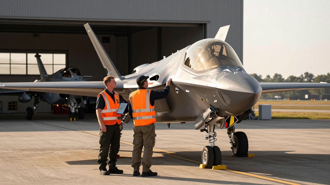 Dois homens em coletes refletores junto a um caça a jato cinza numa base aérea.